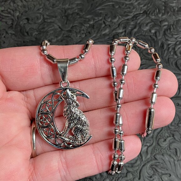 Celtic Witchy Wolf and Crescent Moon Necklace and Earrings Jewelry Set - Picture 7 of 7